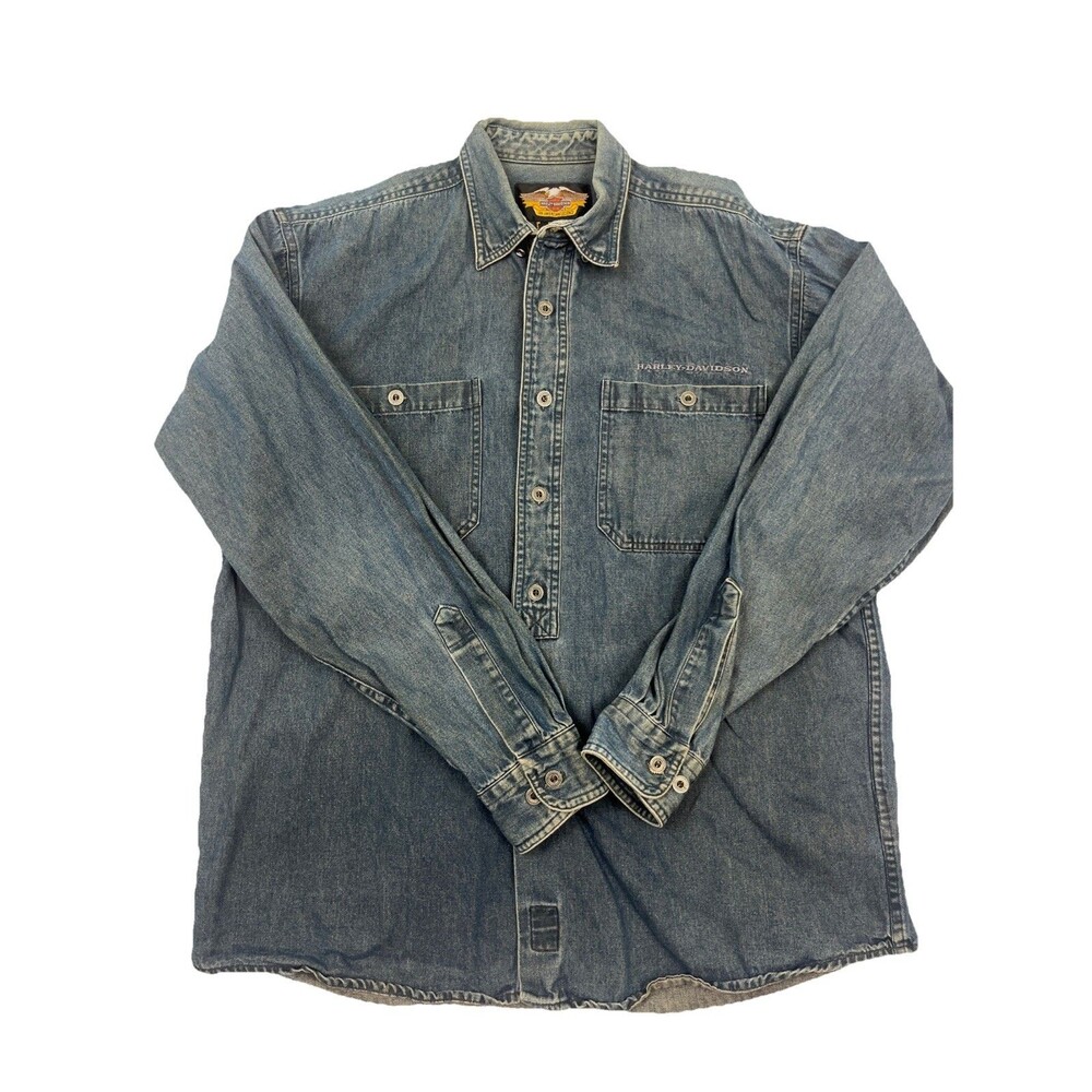 Vintage Harley Davidson Motorcycle Blue Denim Long Sleeve Button Shirt Large